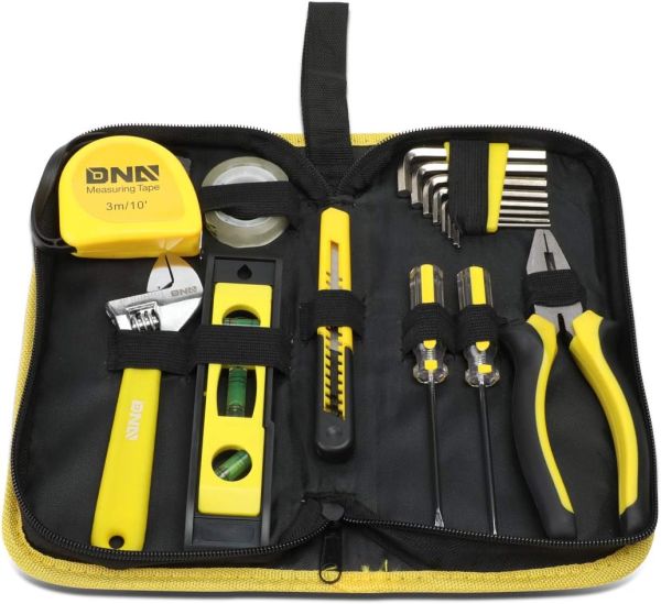 DNA Motoring 16 Piece Home Repair Tool Set with Carrying Case - Yellow/Black