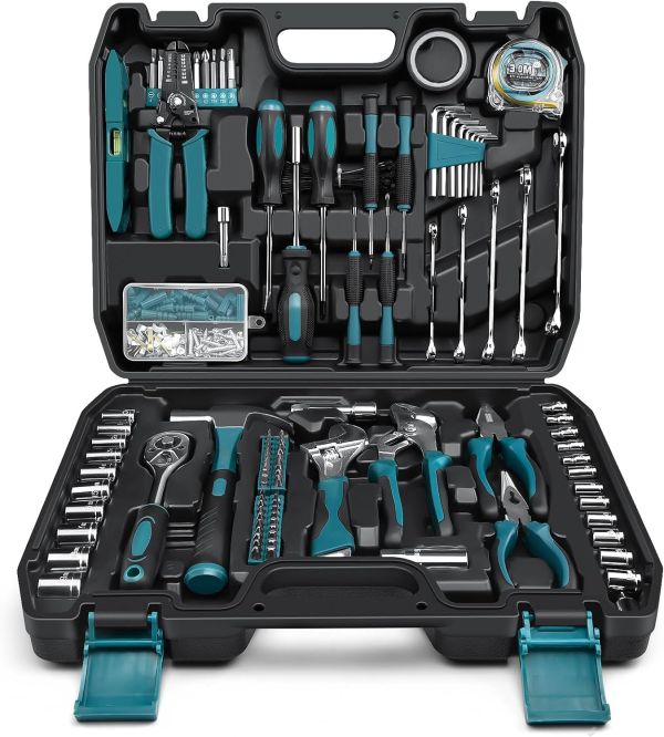 GoYwato Home Tool Kit 280-PCs - Protable Complete Basic Hand Repair General DIY Household Tool Set with Socket Wrench & Water Pump Pliers & Wire Strippers & Screwdrivers & Hex Key & Pliers & Case Blue