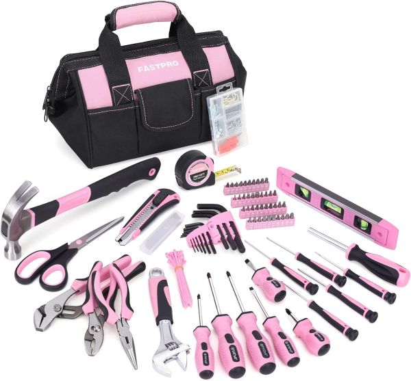 FASTPRO Pink Tool Set - The Complete 220-Piece Lady's Home Repairing Tool Kit with 12-Inch Wide Mouth Open Storage Tool Bag